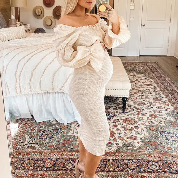 Maternity Plaid Off Shoulder Puff Sleeve Midi Dress - Beige