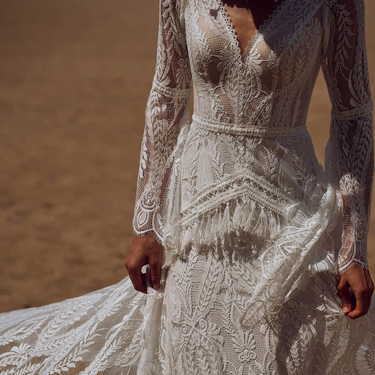 Womens boho fitted lace long sleeve gown - wedding