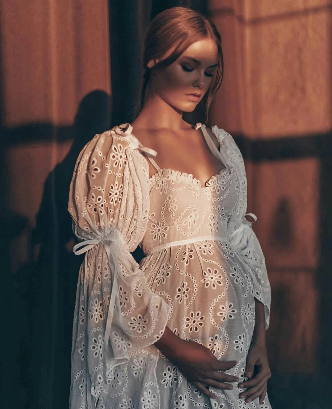 White Lace Maternity Dress With Long Sleeves