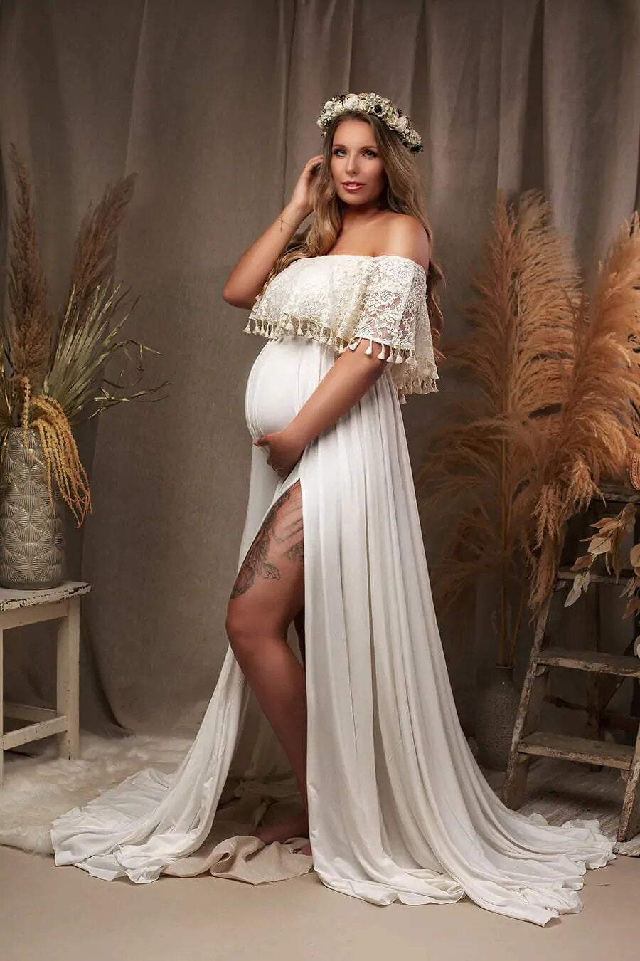 Off The Shoulder White Maternity Tassel Dress