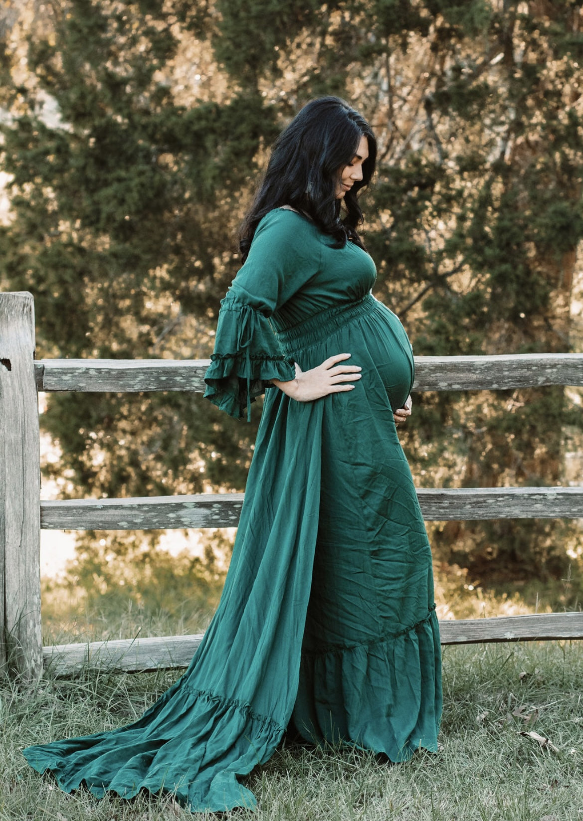 Green Maternity Gown - Bell Long Sleeves