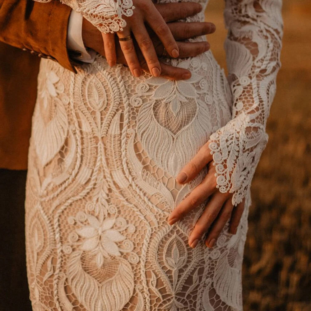 Womens lace long sleeve boho gown - wedding