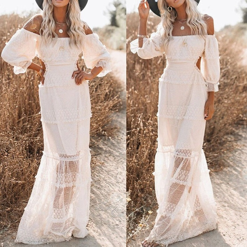 Womens Boho White Lace Off The Shoulder Dress