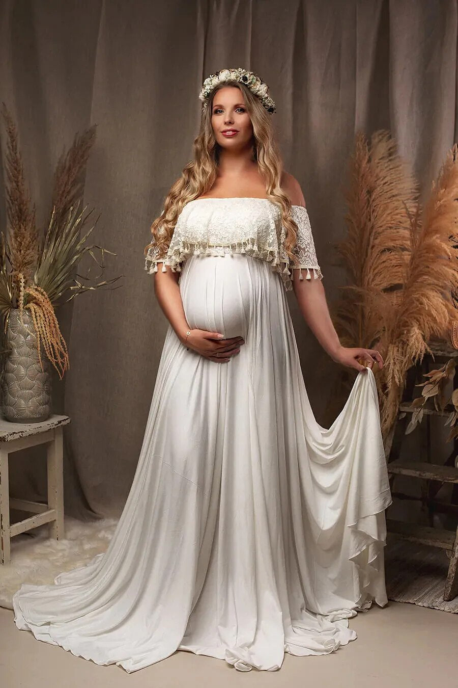 Off The Shoulder White Maternity Tassel Dress