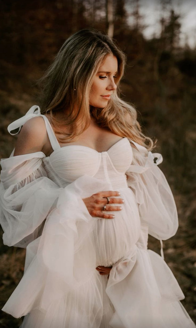 Tulle Tiered Off The Shoulder Maternity Gown