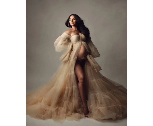 Elegant Champagne Off The Shoulder Tulle Maternity Gown